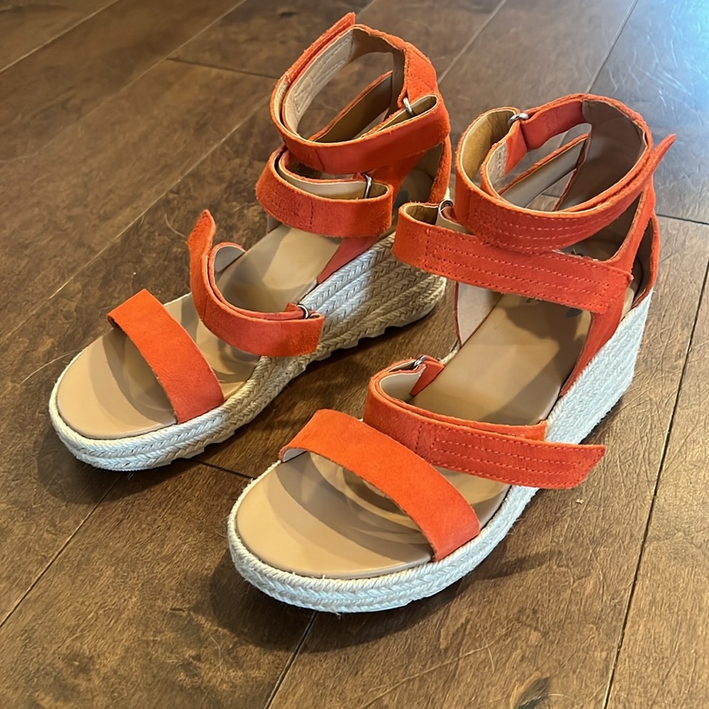Sorel Cameron Wedge Multi Strap Suede Sandals Signal Red (orange)8.5